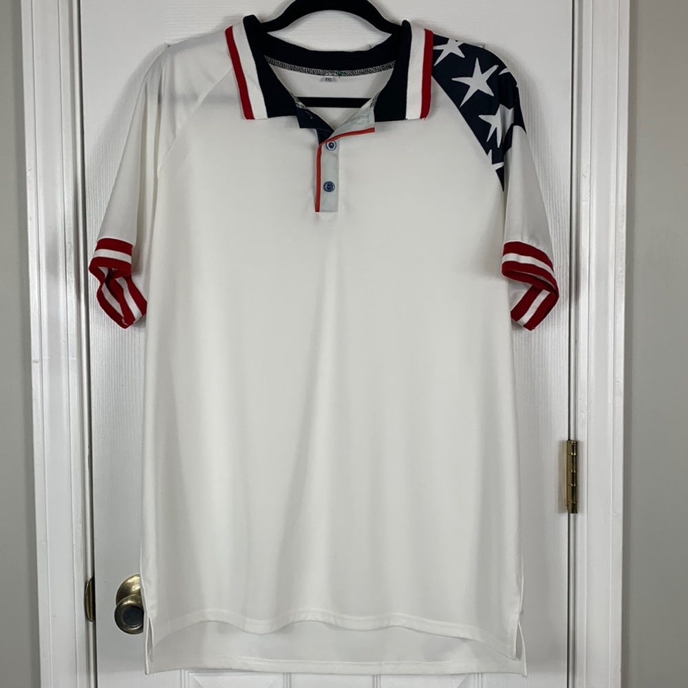 White short sleeved polo shirt with red and blue details. Size XXL.